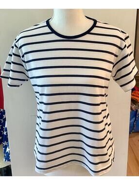Vintage Artisans Navy and White Striped Short Sleeve T-Shirt Size S